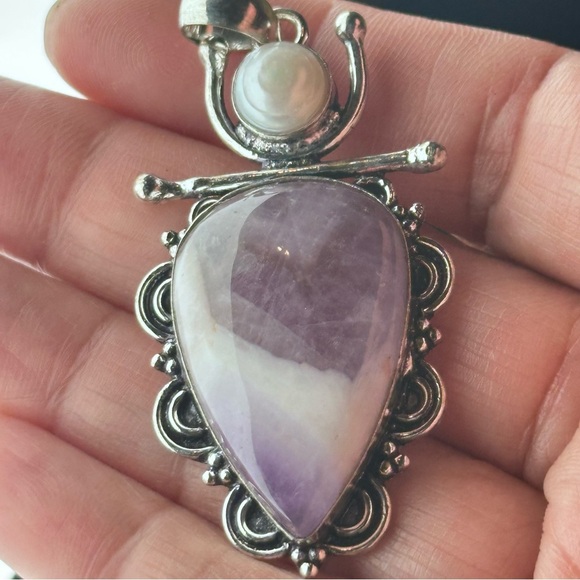 Elegant Artisan Amethyst Pendant Teardrop With Pearl Accent Silver Tone - Picture 1 of 7